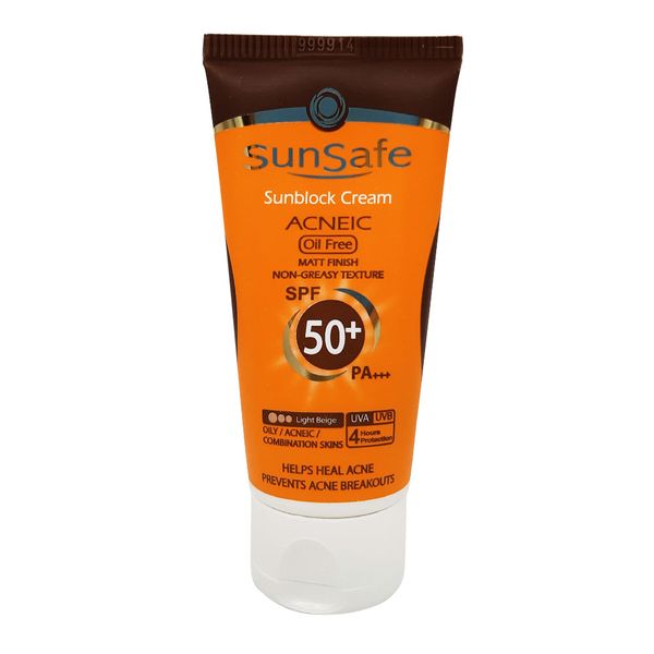 کرم ضدآفتاب فاقد چربی بژروشن سان سیف SPF50 مناسب پوست چرب و آکنه‌ای